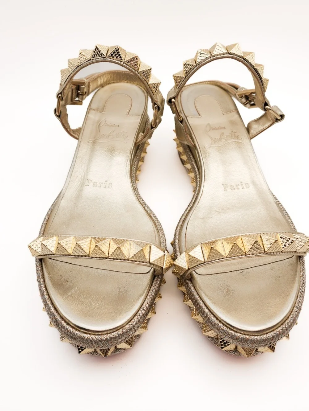 Christian Louboutin Pyraclou Gold Leather Studded Platform Sandals EU 36